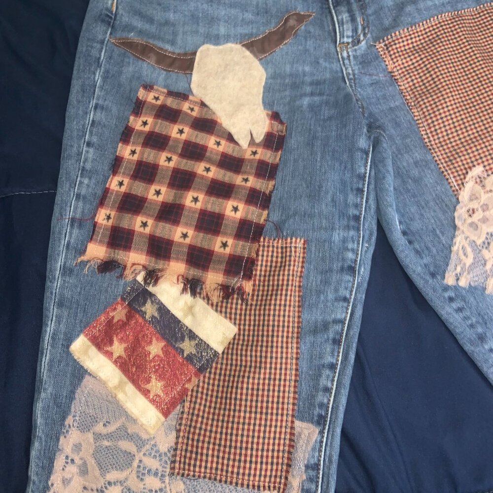 One of a Kind Western Patchwork Jeans - Picture 3 of 7